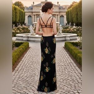 Chic Backless Black Floral hand beaded Attitudes‎ by Debra Dress